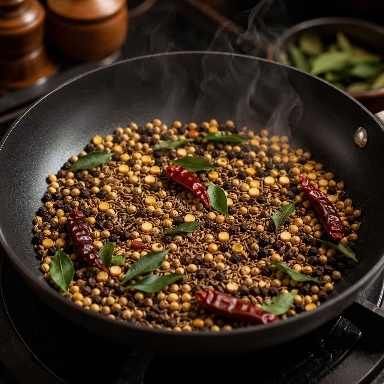 Fresh spices roasted in a pom to make sambar masala 